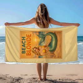 Toalla De Playa Sirena Pin-Up Rubia | Retro Costero Amarillo Solea