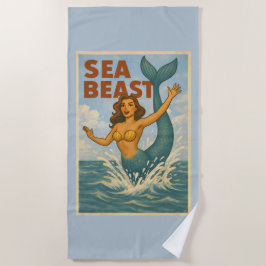 Toalla De Playa Sirena Retro Bestia Marina | Azul de Playa Costera