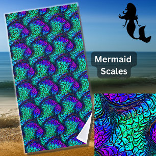 Toalla De Playa Sirena Swirly Scales Aqua Azul Púrpura Rosa