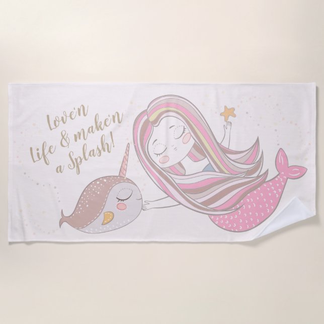 Toalla De Playa Sirena y Narval Personalizable Lindo (Anverso)