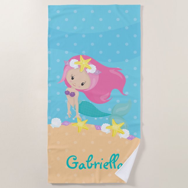 Toalla De Playa Sirenita rosa personalizada (Anverso)
