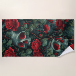Toalla De Playa Skull and Red Roses Pattern – Dark Floral Design