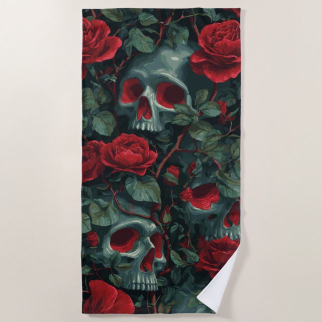 Toalla De Playa Skull and Red Roses Pattern – Dark Floral Design (Anverso)