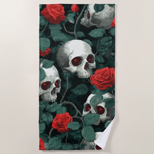 Toalla De Playa Skull and Red Roses Pattern – Dark Gothic Art (Anverso)