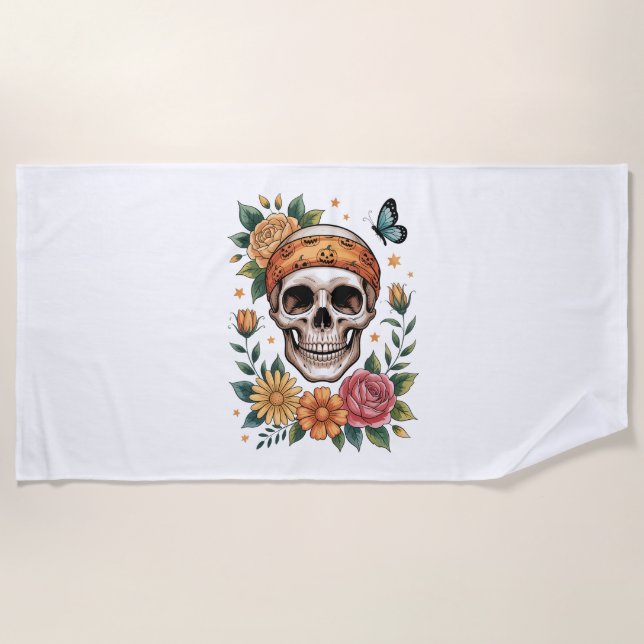 Toalla De Playa Skull Floral Halloween Spooky (Anverso)
