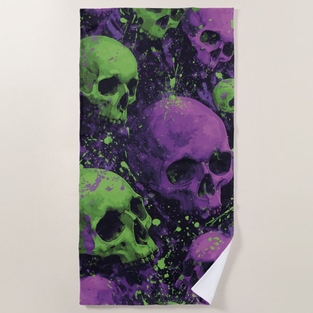 Toalla De Playa Skull Pattern in Green and Purple Grunge Style (Anverso)