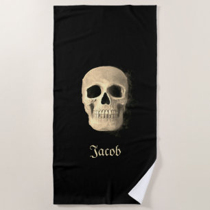 Toalla De Playa Smokey Skull Beige Negro Diseño Gótico Grunge