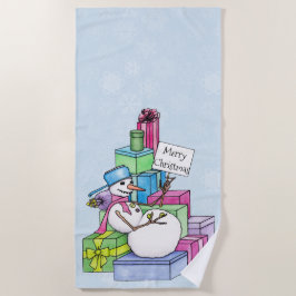 Toalla De Playa Snowman escalando en regalos