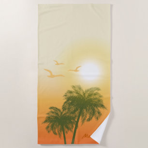 Toalla De Playa Sol Naranja Y Palmeras Verdes Verano Tropical