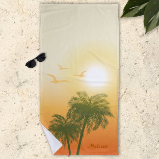 Toalla De Playa Sol Naranja Y Palmeras Verdes Verano Tropical