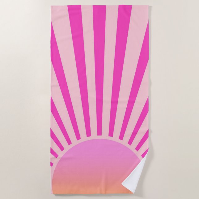 Toalla De Playa Sol Retro Burst Sunset Sunrise Ombre Rosa Caliente (Anverso)