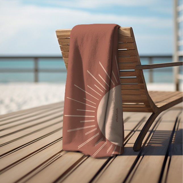 Toalla De Playa Solar mínimo Monograma Terracotta Caída Bacheloret (Personalized Beach Towel | Minimalist Monogram | Peach Pink Bachelorette Party Favor)