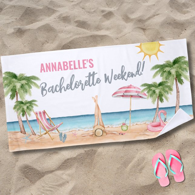 Toalla De Playa Soltera de Verano Nombre Tropical (Watercolor Bachelorette Party Tropical Beach Towel)