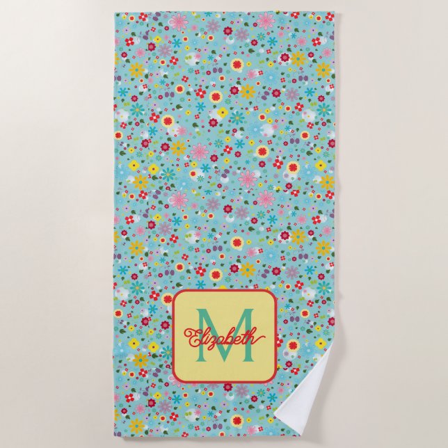 Toalla De Playa Spring Flowers on Aqua Blue Monogram (Anverso)