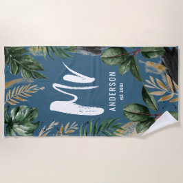 Toalla De Playa Sr hoja tropical & tipografía azul moderno