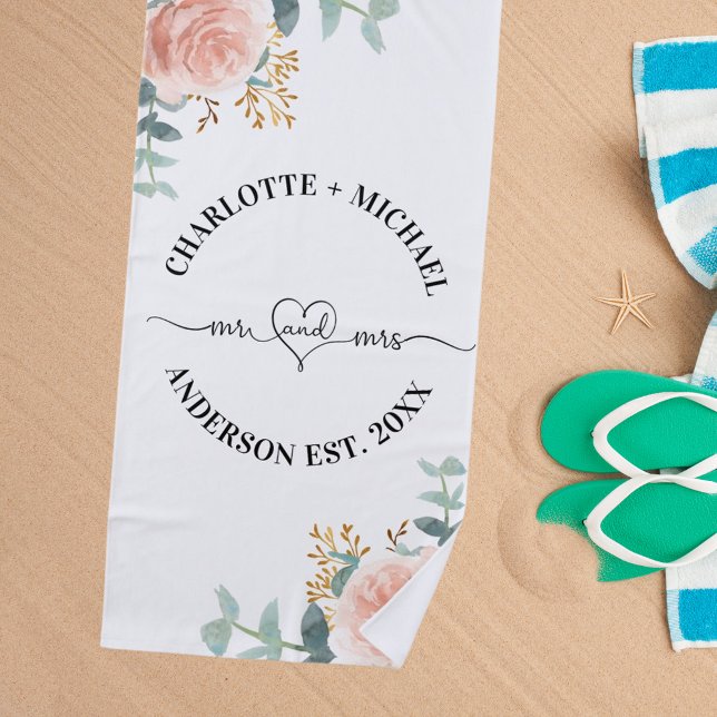 Toalla De Playa Sr. mrs newlyweds rosa florales de oro verde (Subido por el creador)