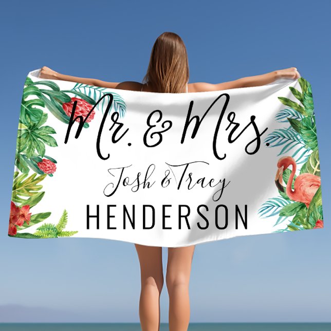 Toalla De Playa Sr. y Sra. Tropical Personalizado (Tropical Mr. & Mrs. Personalized Beach Towel)