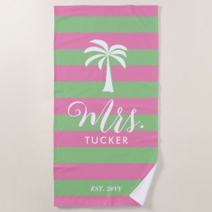 Toalla De Playa Sra. Palma Playa Beige Rosa Verde Regalo de Boda