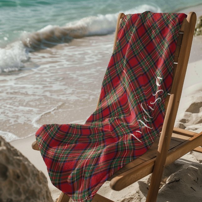Toalla De Playa Stewart Tartán, Personalizado clásico de plaid (Rustic Plaid Personalized Stewart Tartan Beach Towel)