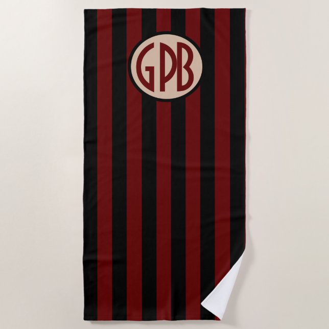 Toalla De Playa Su monograma en negro y rayas de la cabaña de (Anverso)