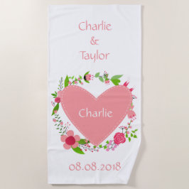 Toalla De Playa Su(s) nombre(s) y fecha(s) con corazón y flores