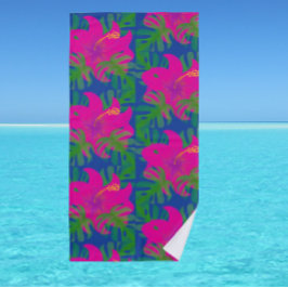 Toalla De Playa Sueños de Selva Hibisco Verde Azul Rosa Caliente
