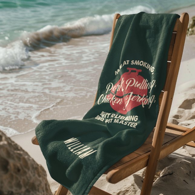 Toalla De Playa Summer Beach BBBQ Pit Master Green Personalizado (Fun Barbeque Green Beach Towel)
