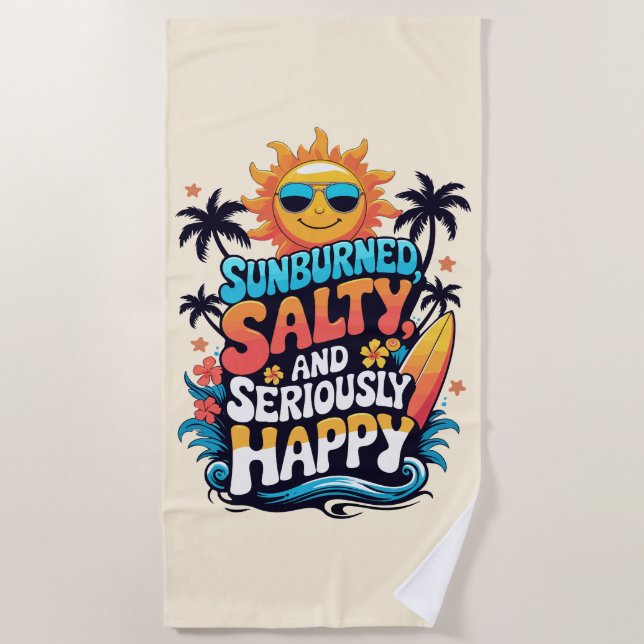 Toalla De Playa Sunburned Salty and Happy – Retro Beach Vibes (Anverso)
