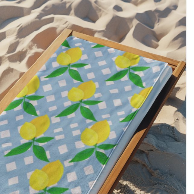 Toalla De Playa Sunny Yellow Lemons Blue White Check (Sunny lemons at the beach!)
