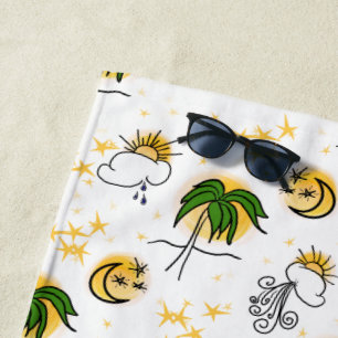 Toalla De Playa Sunny Yellow Suns, Stars and Moon with Green Palm