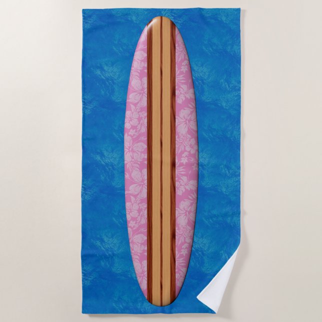Toalla De Playa Sunset Beach Hawaii Faux Wood Surfboard - Rosa (Anverso)