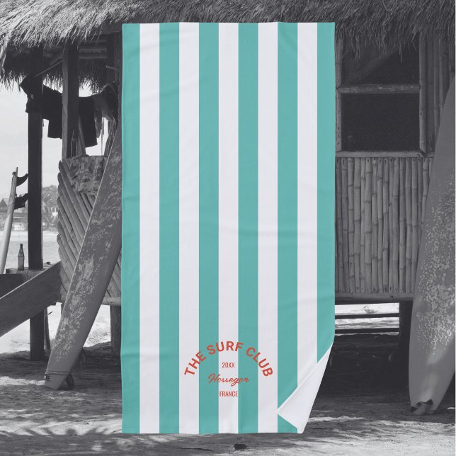 Toalla De Playa Surf Club Red Escudo Turquesa Cabana Stripe (Subido por el creador)