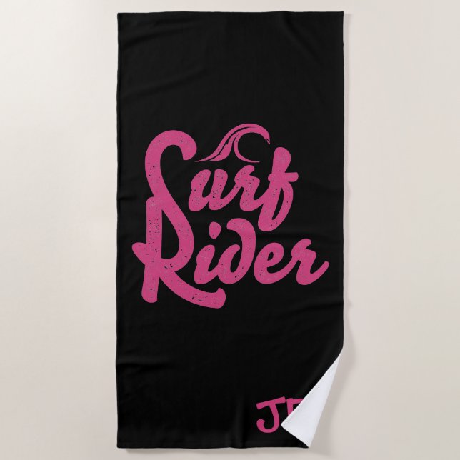 Toalla De Playa Surf Rider Cita Monograma Pink Black Trendy (Anverso)