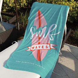 Toalla De Playa Surf Sand & Waves Retro Pink & Verde azulado Surfb
