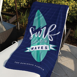 Toalla De Playa Surf Sand & Waves Retro Verde azulado & Naval Surf