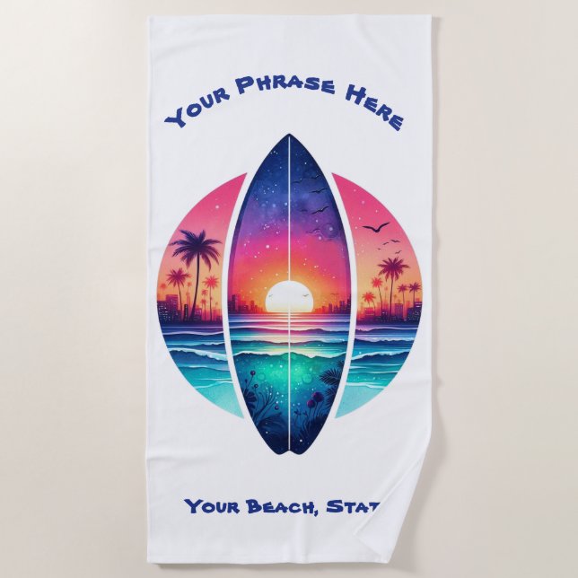 Toalla De Playa Surfboard en el atardecer (Anverso)