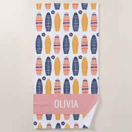 Toalla De Playa Surfs Up Pink Surfboards y flores