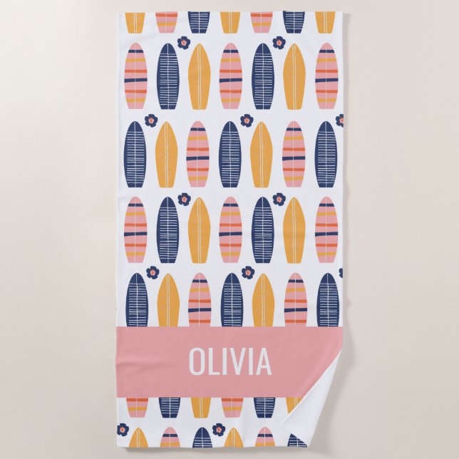 Toalla De Playa Surfs Up Pink Surfboards y flores (Anverso)