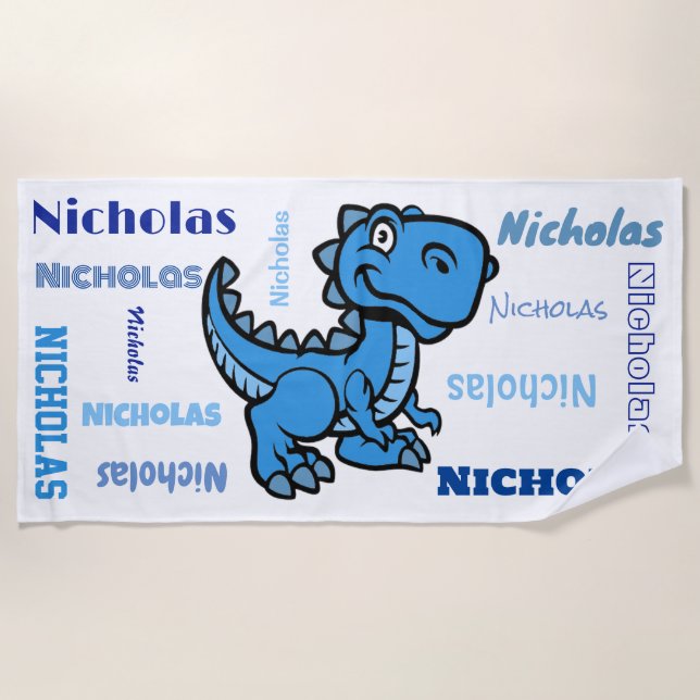 Toalla De Playa T Rex Dinosaur Blue Nombre Personalizado (Anverso)