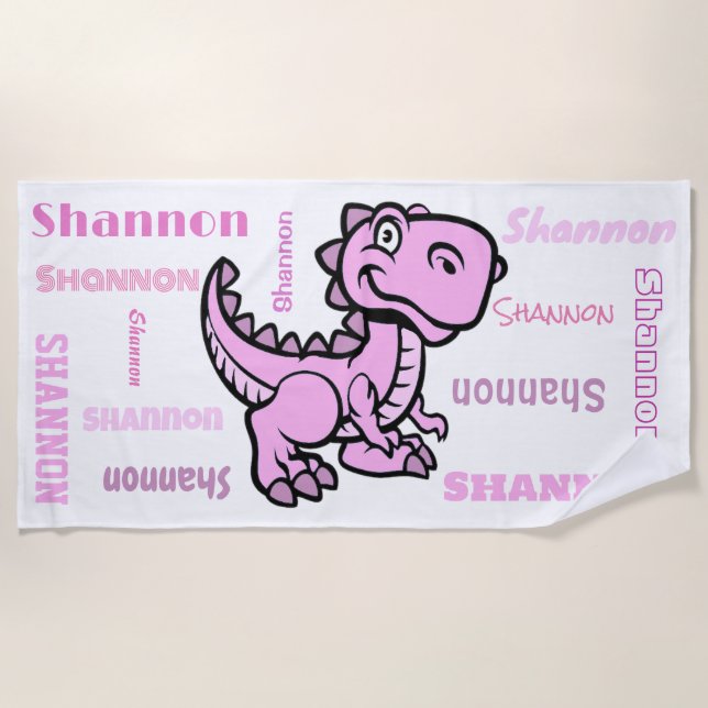 Toalla De Playa T Rex Dinosaur Pink Nombre Personalizado (Anverso)