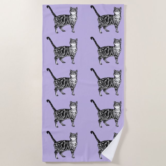 Toalla De Playa Tabby Cat Cute Bonito Morado Chicas Gatos Acuarela (Anverso)