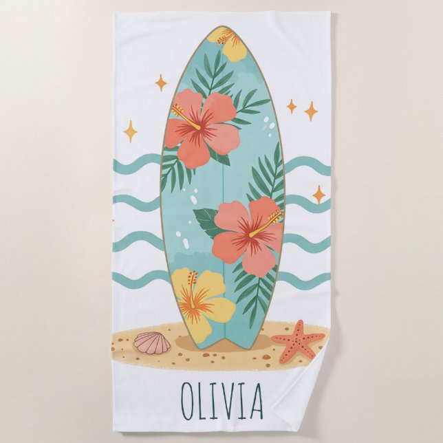 Toalla De Playa Tabla de surf tropical – Sueños de hibisco (Anverso)