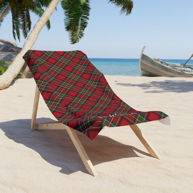 Toalla De Playa Tartán Rústico Rojo y Verde (Red and Green Check Clan Stewart Tartan Monogram Beach Towel)