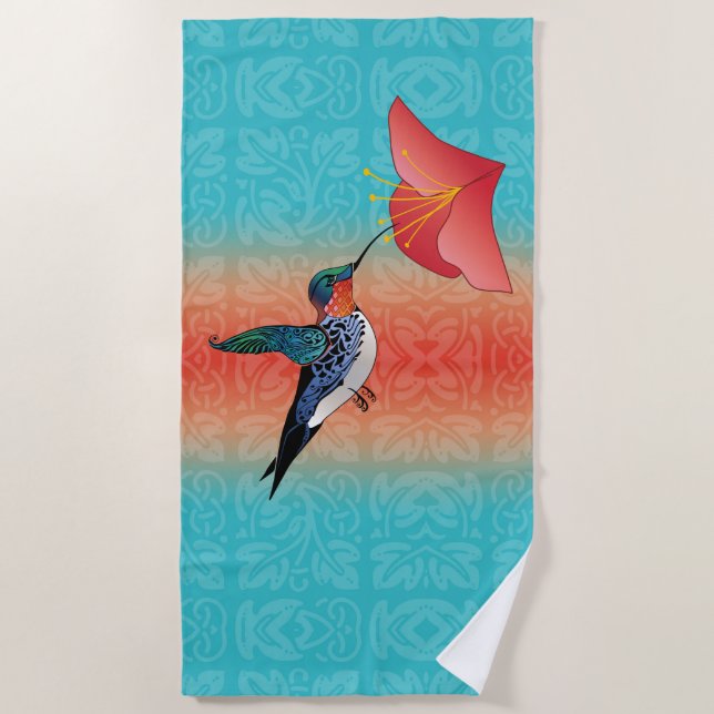 Toalla De Playa Tattoo Hummingbird Inhibisco Flor Turquesa (Anverso)