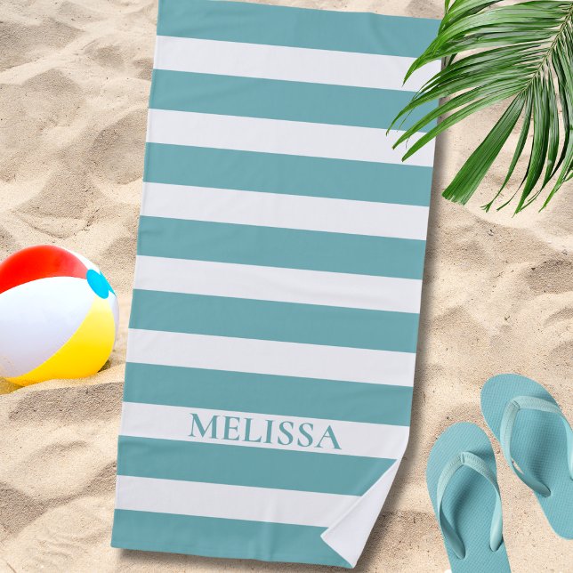 Toalla De Playa  Teal And White Striped Name Cabana Stripe  (Subido por el creador)