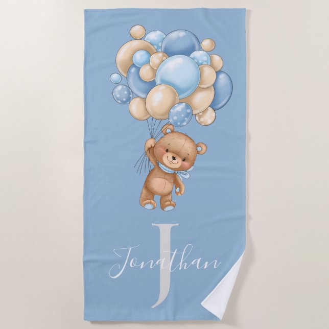 Toalla de playa Teddy Bear Blue Balloons para niño (Anverso)