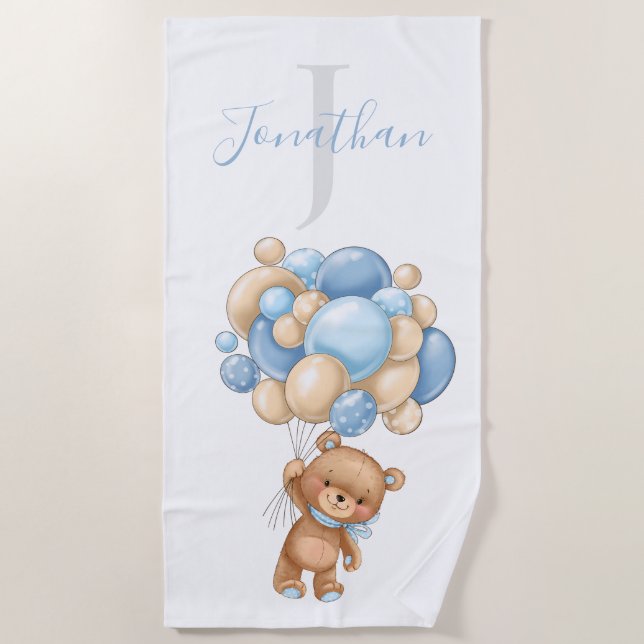 Toalla de playa Teddy Bear Blue Balloons para niño (Anverso)