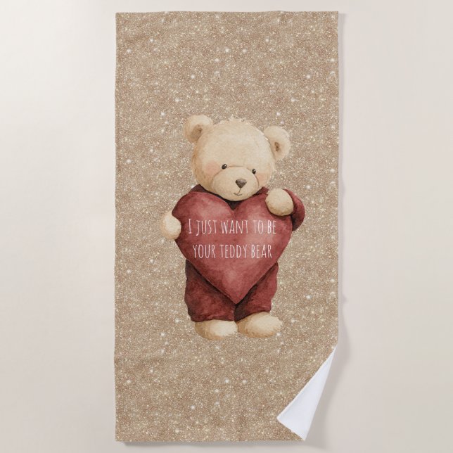 Toalla De Playa Teddy Bear Red Heart Gold Glitter (Anverso)