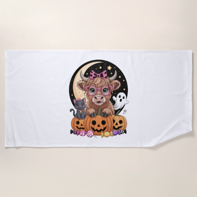 Toalla De Playa Temporada espeluznante de Highland Cow Halloween (Anverso)
