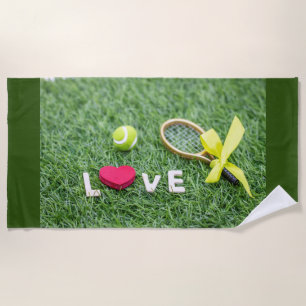 Toalla De Playa Tenis con amor, pelota de tenis y raqueta verde